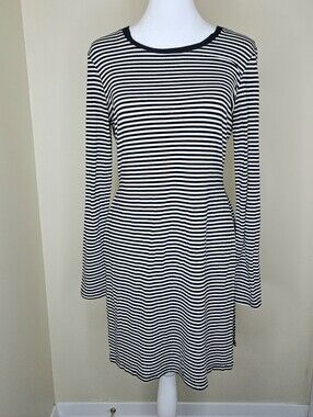 Tango Mango Black White Striped Tunic Top Size Small Long Sleeve Side Slits
